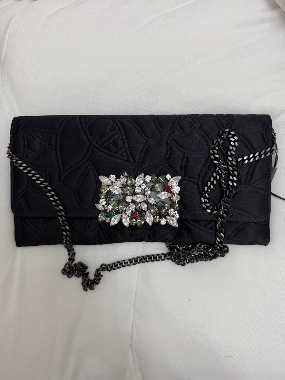Carolina Herrera Black Quilted Crossbody with Crystal Brooch and Red Tassel